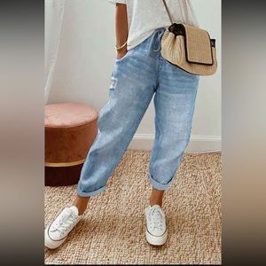 Flamingo Drawstring‎ Waist Ripped Mid Rise Straight Leg Jeans size S